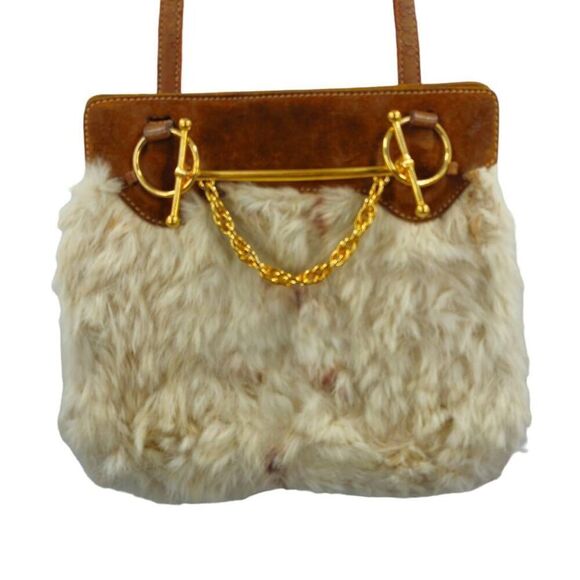 Rare Vintage Gucci Tan Suede & Cream Fur Bag with 24kt Gold Horsebit Hardware - Picture 3 of 10